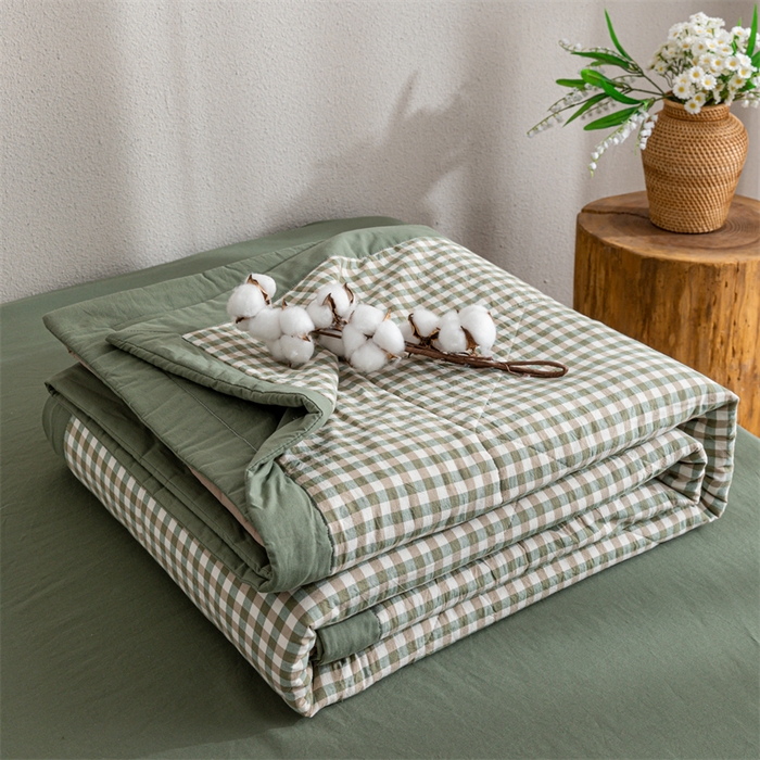 91家纺网 家纺一手货源 找家纺 天瑜家纺 2025新款色织全棉水洗棉棉花夏被 绿小格