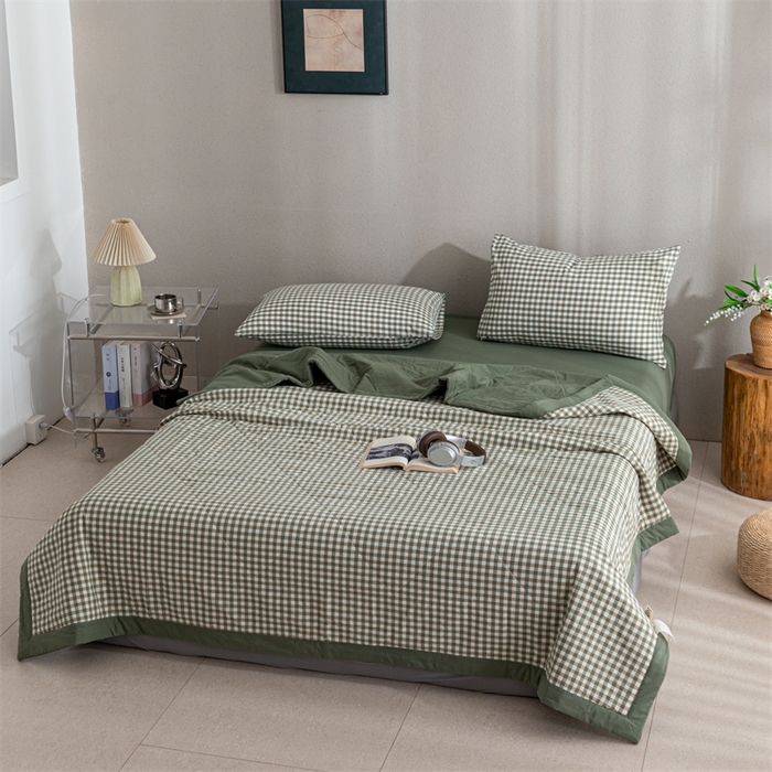 91家纺网 家纺一手货源 找家纺 天瑜家纺 2025新款色织全棉水洗棉棉花夏被 绿小格