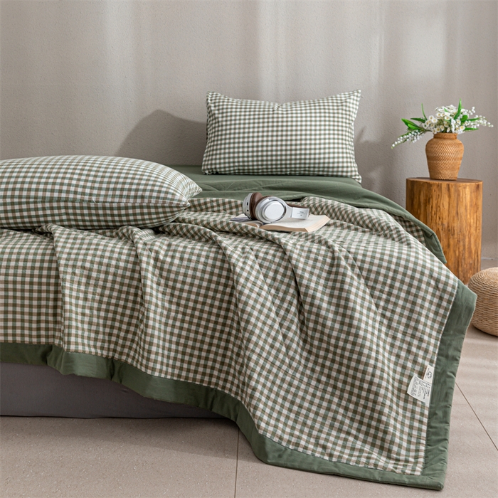 91家纺网 家纺一手货源 找家纺 天瑜家纺 2025新款色织全棉水洗棉棉花夏被 绿小格