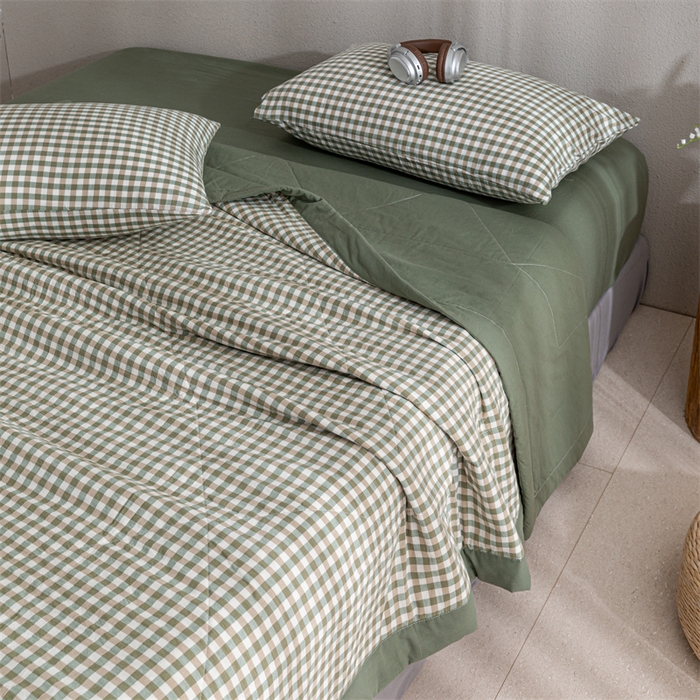 91家纺网 家纺一手货源 找家纺 天瑜家纺 2025新款色织全棉水洗棉棉花夏被 绿小格