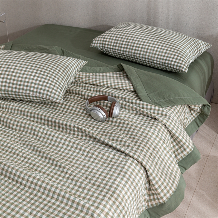 91家纺网 家纺一手货源 找家纺 天瑜家纺 2025新款色织全棉水洗棉棉花夏被 绿小格