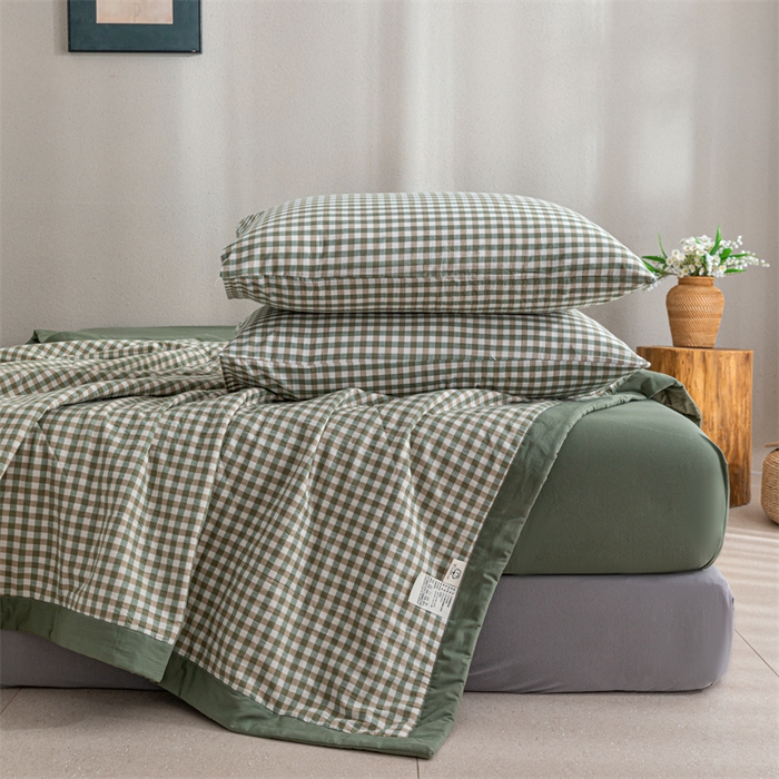 91家纺网 家纺一手货源 找家纺 天瑜家纺 2025新款色织全棉水洗棉棉花夏被 绿小格