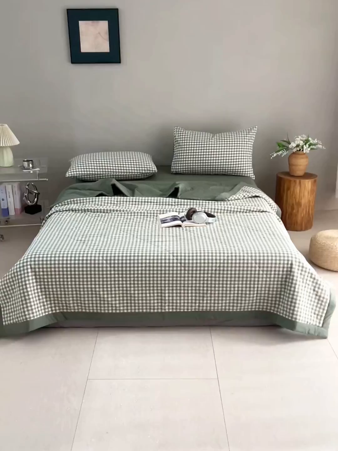 91家纺网 家纺一手货源 找家纺 天瑜家纺 2025新款色织全棉水洗棉棉花夏被 绿小格