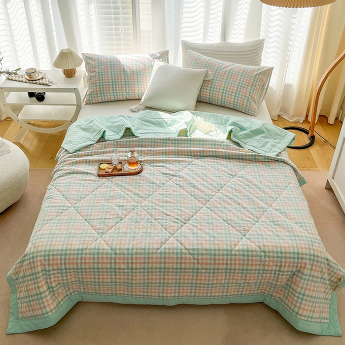 91家纺网 家纺一手货源 找家纺 天瑜家纺 2025新款色织全棉水洗棉棉花夏被 冰激凌格