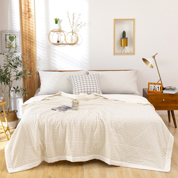 91家纺网 家纺一手货源 找家纺 天瑜家纺 2025新款色织全棉水洗棉棉花夏被 纯白小格