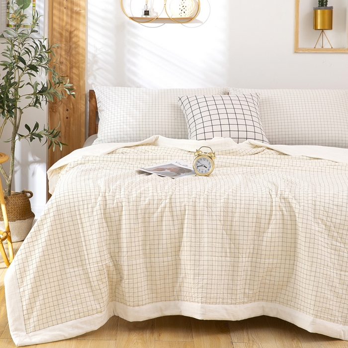 91家纺网 家纺一手货源 找家纺 天瑜家纺 2025新款色织全棉水洗棉棉花夏被 纯白小格