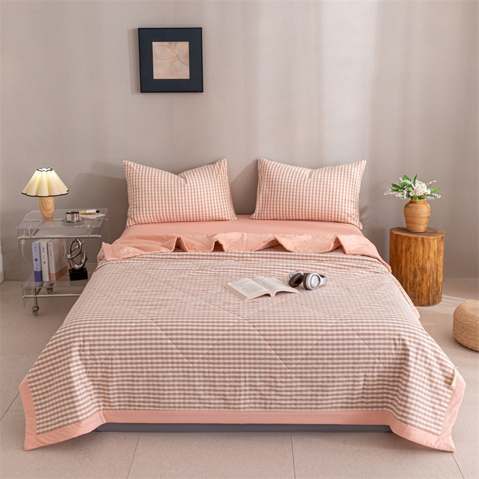 91家纺网 家纺一手货源 找家纺 天瑜家纺 2025新款色织全棉水洗棉棉花夏被 粉小格