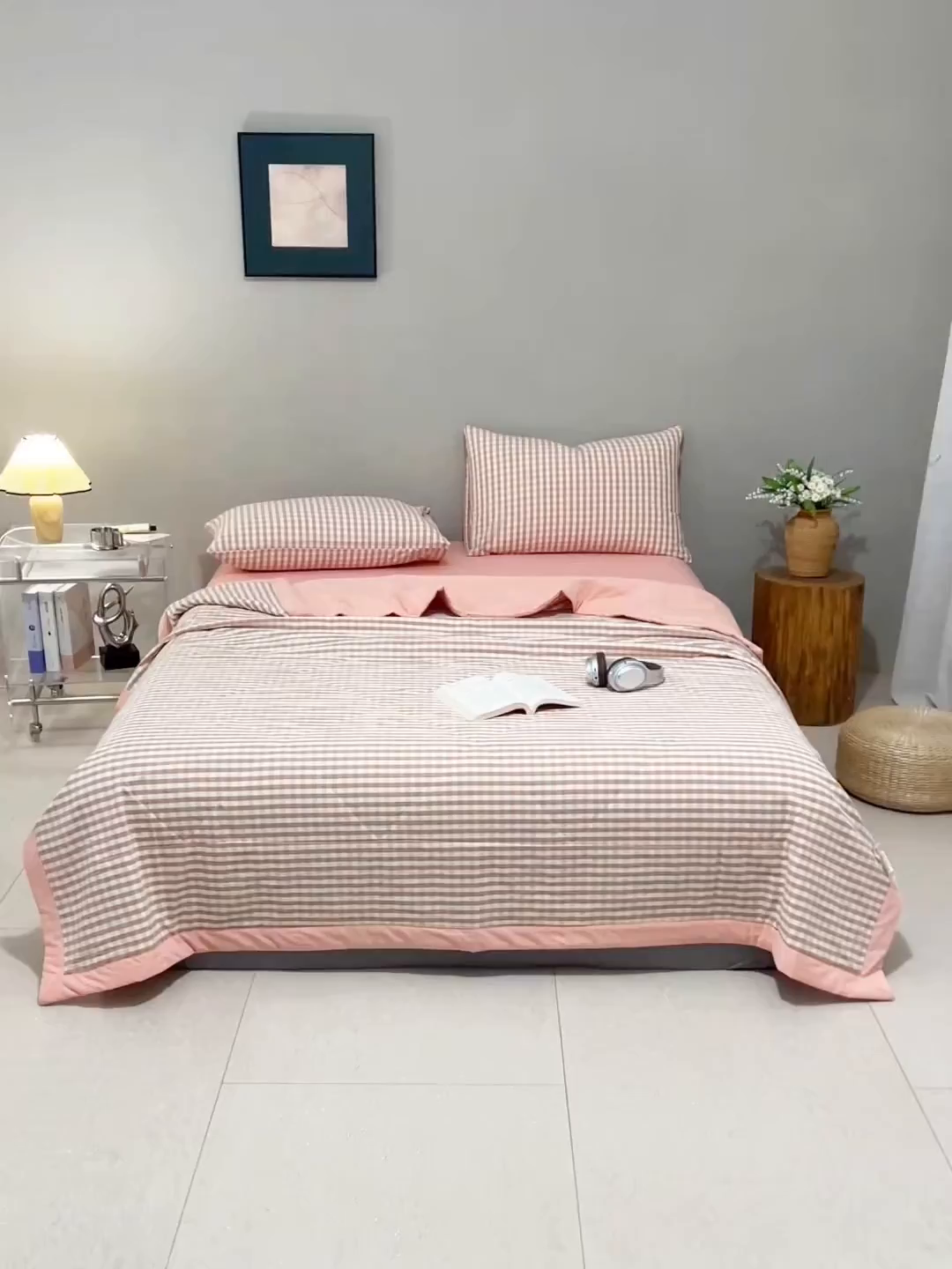 91家纺网 家纺一手货源 找家纺 天瑜家纺 2025新款色织全棉水洗棉棉花夏被 粉小格