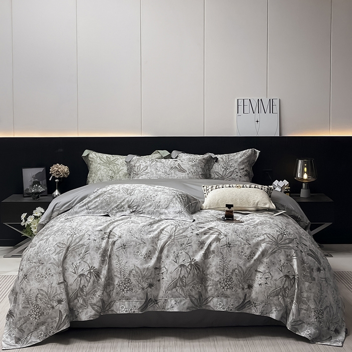 91家纺网 家纺一手货源 找家纺  2025高端轻奢A类天丝棉印花四件套全棉数码印花丝滑裸睡被套真丝夏季床上用品 丽芙-灰