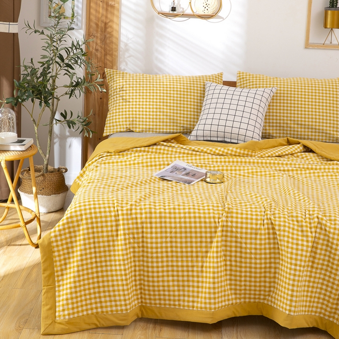 91家纺网 家纺一手货源 找家纺 天瑜家纺 2025新款色织全棉水洗棉棉花夏被 姜黄小格