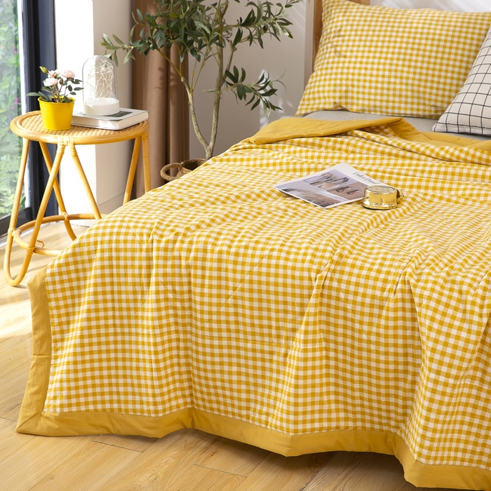 91家纺网 家纺一手货源 找家纺 天瑜家纺 2025新款色织全棉水洗棉棉花夏被 姜黄小格