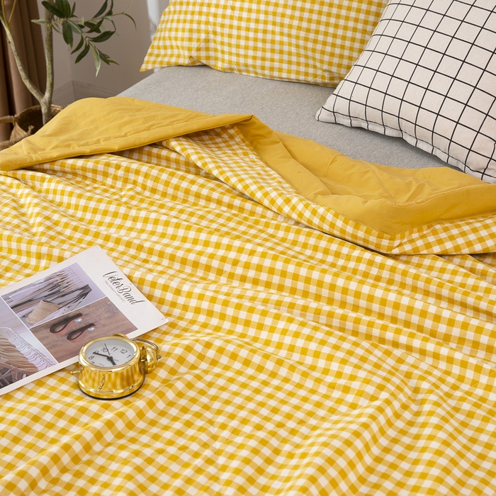 91家纺网 家纺一手货源 找家纺 天瑜家纺 2025新款色织全棉水洗棉棉花夏被 姜黄小格