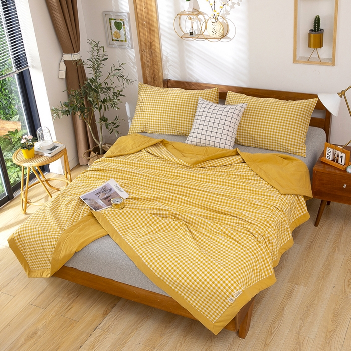 91家纺网 家纺一手货源 找家纺 天瑜家纺 2025新款色织全棉水洗棉棉花夏被 姜黄小格