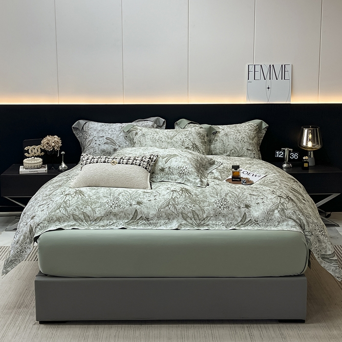 91家纺网 家纺一手货源 找家纺  2025高端轻奢A类天丝棉印花四件套全棉数码印花丝滑裸睡被套真丝夏季床上用品 丽芙-绿