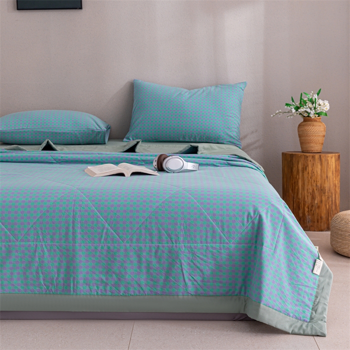91家纺网 家纺一手货源 找家纺 天瑜家纺 2025新款色织全棉水洗棉棉花夏被 绿紫小格