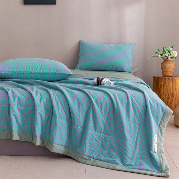 91家纺网 家纺一手货源 找家纺 天瑜家纺 2025新款色织全棉水洗棉棉花夏被 绿紫小格