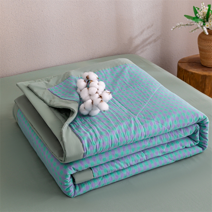 91家纺网 家纺一手货源 找家纺 天瑜家纺 2025新款色织全棉水洗棉棉花夏被 绿紫小格