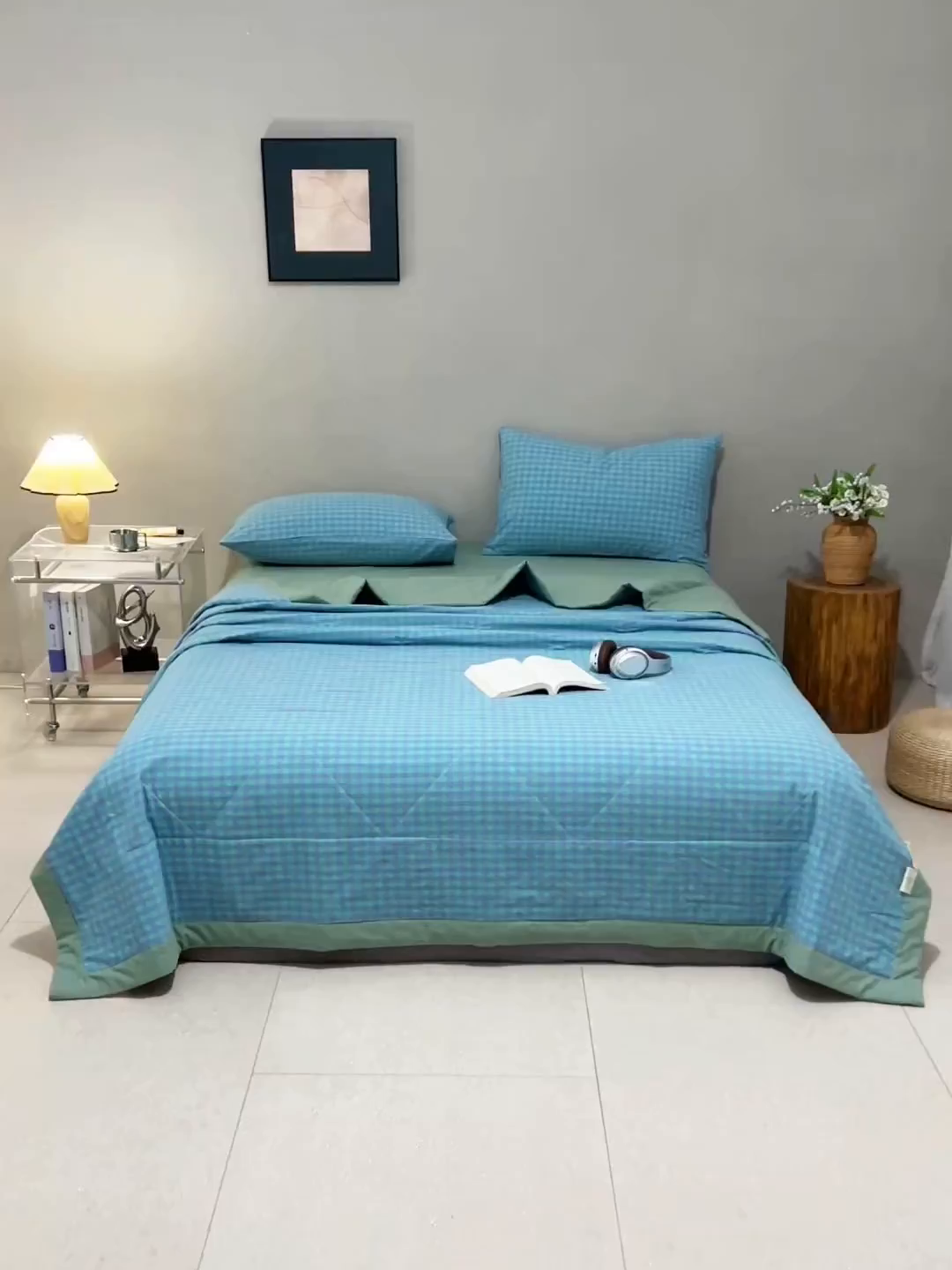 91家纺网 家纺一手货源 找家纺 天瑜家纺 2025新款色织全棉水洗棉棉花夏被 绿紫小格