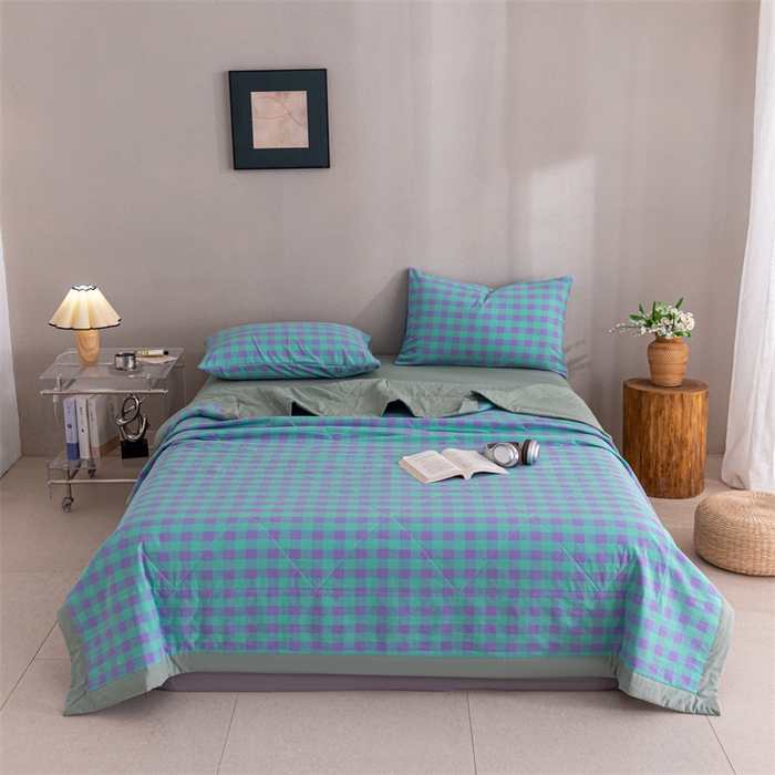 91家纺网 家纺一手货源 找家纺 天瑜家纺 2025新款色织全棉水洗棉棉花夏被 绿紫中格