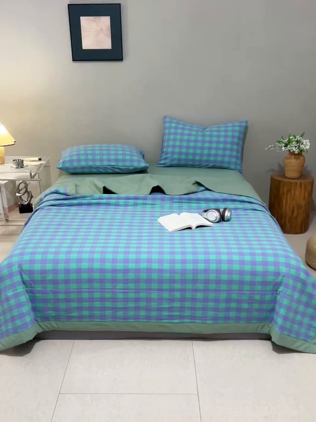 91家纺网 家纺一手货源 找家纺 天瑜家纺 2025新款色织全棉水洗棉棉花夏被 绿紫中格