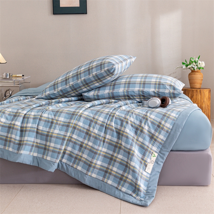 91家纺网 家纺一手货源 找家纺 天瑜家纺 2025新款色织全棉水洗棉棉花夏被 莫妮蓝