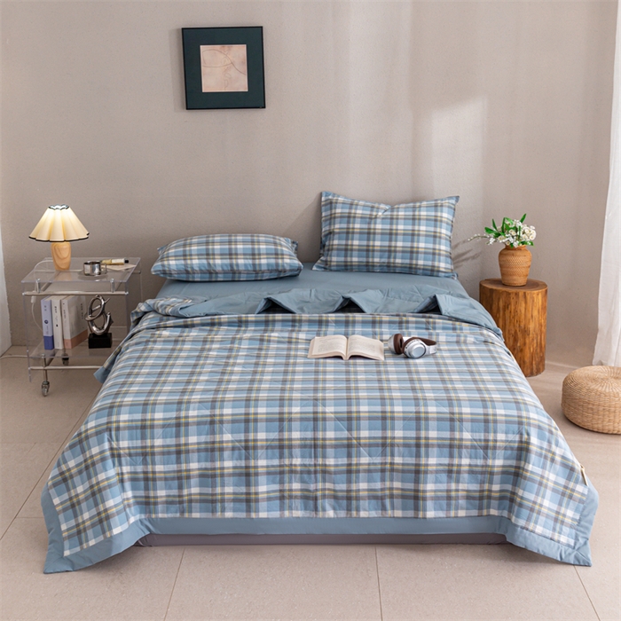 91家纺网 家纺一手货源 找家纺 天瑜家纺 2025新款色织全棉水洗棉棉花夏被 莫妮蓝