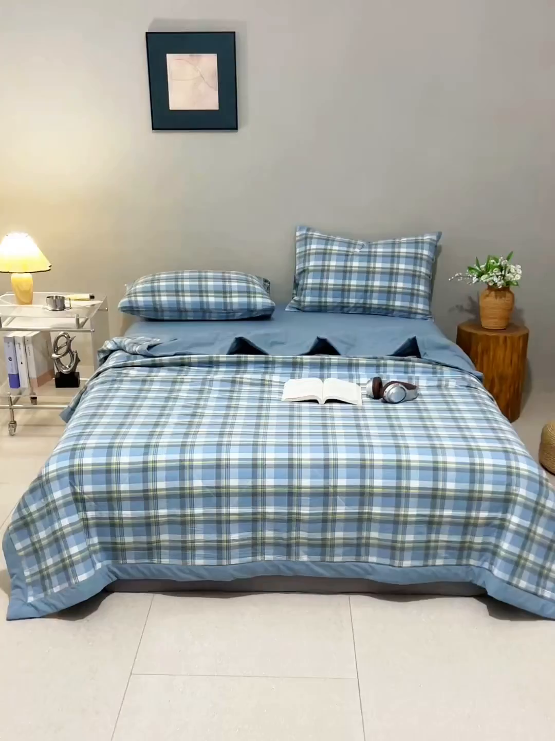 91家纺网 家纺一手货源 找家纺 天瑜家纺 2025新款色织全棉水洗棉棉花夏被 莫妮蓝