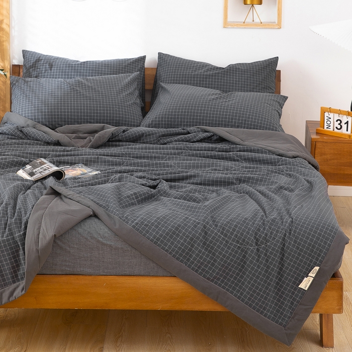 91家纺网 家纺一手货源 找家纺 天瑜家纺 2025新款色织全棉水洗棉棉花夏被 深灰小格