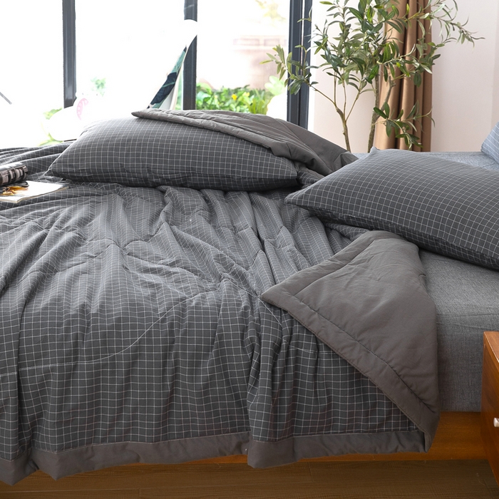 91家纺网 家纺一手货源 找家纺 天瑜家纺 2025新款色织全棉水洗棉棉花夏被 深灰小格