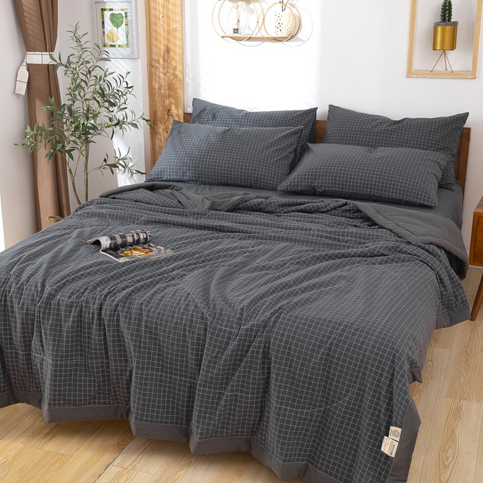 91家纺网 家纺一手货源 找家纺 天瑜家纺 2025新款色织全棉水洗棉棉花夏被 深灰小格