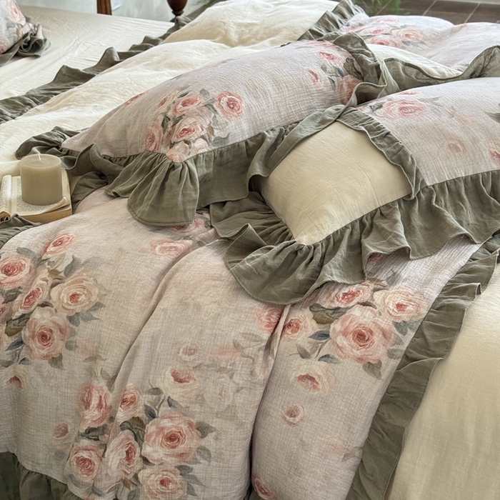 91家纺网 家纺一手货源 找家纺 （总）MIU缪家居2025新款全棉超柔皱皱纱珍妮花园四件套