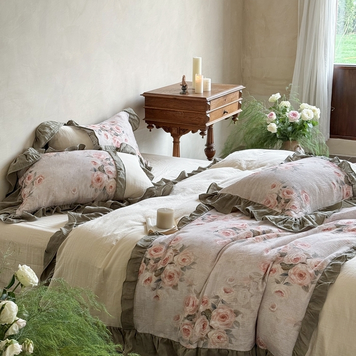 91家纺网 家纺一手货源 找家纺 （总）MIU缪家居2025新款全棉超柔皱皱纱珍妮花园四件套