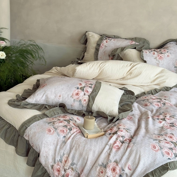 91家纺网 家纺一手货源 找家纺 （总）MIU缪家居2025新款全棉超柔皱皱纱珍妮花园四件套