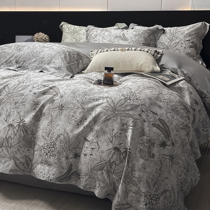 91家纺网 家纺一手货源 找家纺  2025新品A类100支天丝棉夹棉床盖床笠四件套全棉床单夏季轻奢真丝高端床上用品 丽芙-灰