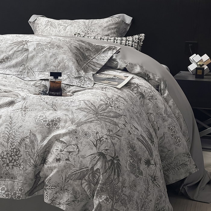 91家纺网 家纺一手货源 找家纺  2025新品A类100支天丝棉夹棉床盖床笠四件套全棉床单夏季轻奢真丝高端床上用品 丽芙-灰