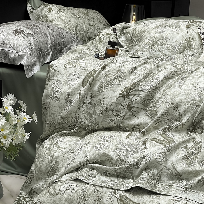 91家纺网 家纺一手货源 找家纺  2025新品A类100支天丝棉夹棉床盖床笠四件套全棉床单夏季轻奢真丝高端床上用品 丽芙-绿