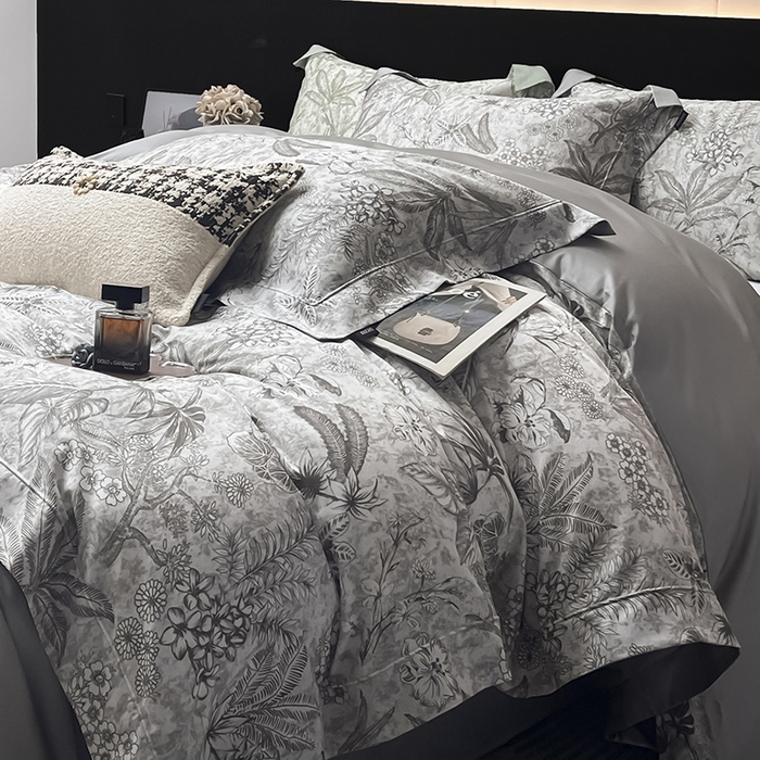 91家纺网 家纺一手货源 找家纺  2025高端轻奢A类天丝棉印花四件套全棉数码印花丝滑裸睡被套真丝夏季床上用品 丽芙-灰