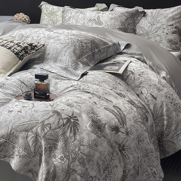 91家纺网 家纺一手货源 找家纺  2025高端轻奢A类天丝棉印花四件套全棉数码印花丝滑裸睡被套真丝夏季床上用品 丽芙-灰
