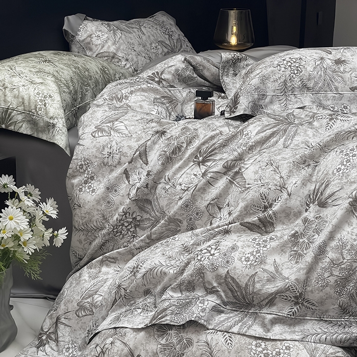 91家纺网 家纺一手货源 找家纺  2025高端轻奢A类天丝棉印花四件套全棉数码印花丝滑裸睡被套真丝夏季床上用品 丽芙-灰