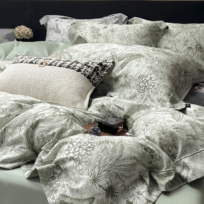 91家纺网 家纺一手货源 找家纺  2025高端轻奢A类天丝棉印花四件套全棉数码印花丝滑裸睡被套真丝夏季床上用品 丽芙-绿