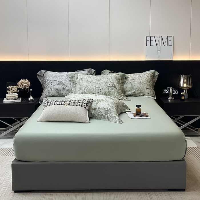 91家纺网 家纺一手货源 找家纺  2025高端轻奢A类天丝棉印花四件套全棉数码印花丝滑裸睡被套真丝夏季床上用品 丽芙-绿