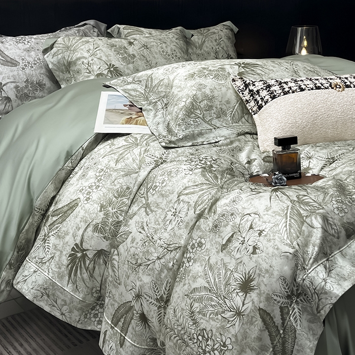 91家纺网 家纺一手货源 找家纺  2025高端轻奢A类天丝棉印花四件套全棉数码印花丝滑裸睡被套真丝夏季床上用品 丽芙-绿