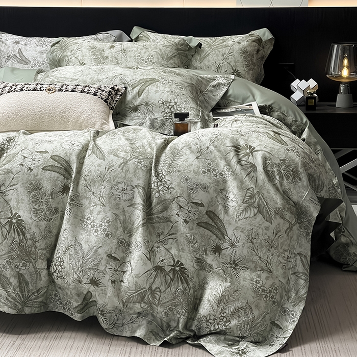 91家纺网 家纺一手货源 找家纺  2025高端轻奢A类天丝棉印花四件套全棉数码印花丝滑裸睡被套真丝夏季床上用品 丽芙-绿