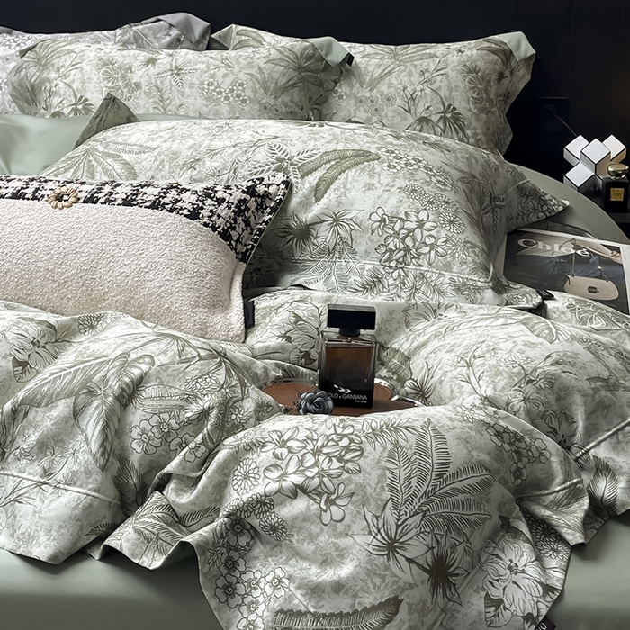  2025高端轻奢A类天丝棉印花四件套全棉数码印花丝滑裸睡被套真丝夏季床上用品 丽芙-绿