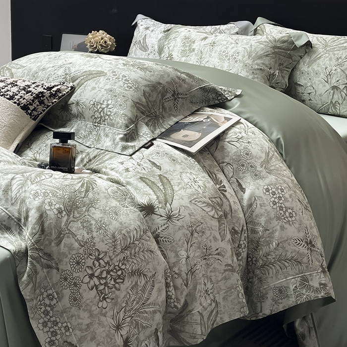  2025新品A类天丝棉夹棉床盖床笠四件套全棉真丝保护罩高级感数码印花床上用品 丽芙-绿