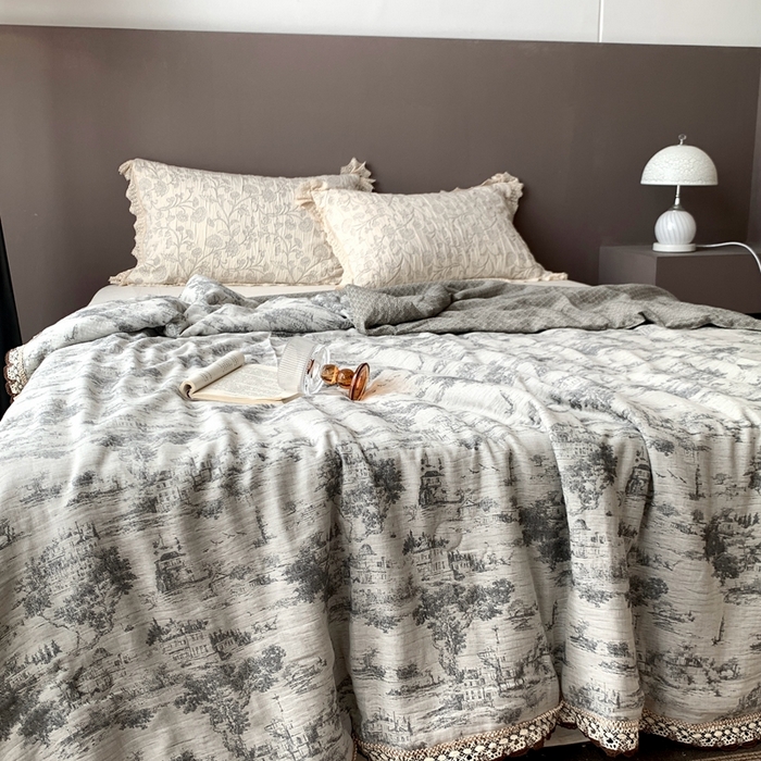 凡客2025新款棉麻色织提花双层纱蚕丝棉夏被（镂空花边款） 忆江南-深色