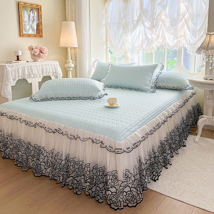 91家纺网 家纺一手货源 找家纺 2025新款凉感丝乳胶凉席床裙款夏被四件套-爱恋 蓝