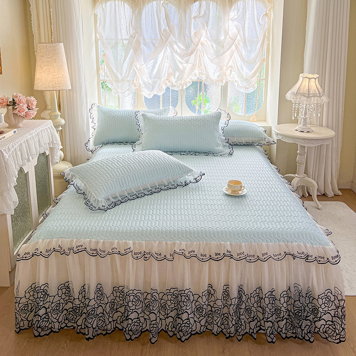 91家纺网 家纺一手货源 找家纺 2025新款凉感丝乳胶凉席床裙款夏被四件套-爱恋 蓝