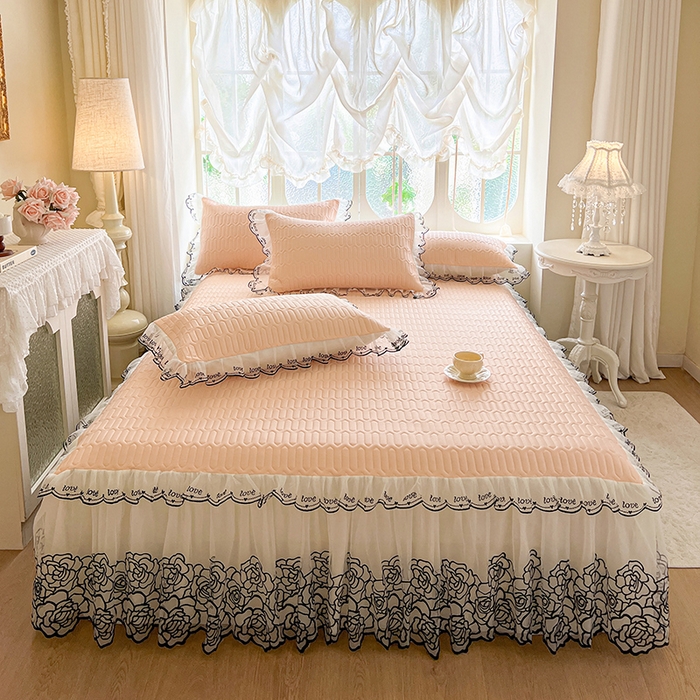 91家纺网 家纺一手货源 找家纺 2025新款凉感丝乳胶凉席床裙款夏被四件套-爱恋 玉