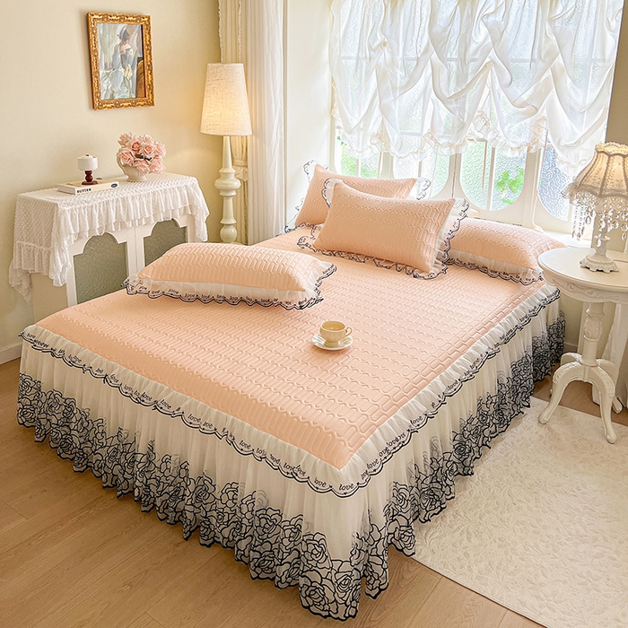 91家纺网 家纺一手货源 找家纺 2025新款凉感丝乳胶凉席床裙款夏被四件套-爱恋 玉